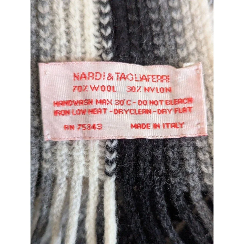 Vtg Nardi Tagliaferri Italian Wool Blend Knit Scarf Black White Chevron Stripe